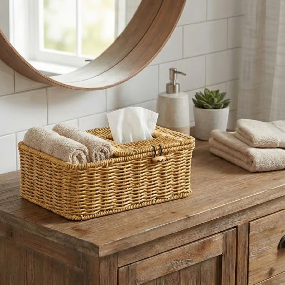 Bölmeli Kapaklı Doğal Rattan Görünümlü Hasır Makyaj, Takı ve Havlu Düzenleyici – Peçetelikli Çok Amaçlı Masaüstü Organizer Sepet