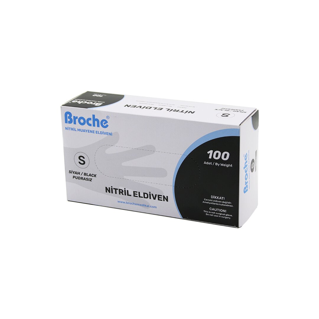 BROCH  S BEDEN SİYAH PUDRASIZ NİTRİL MUAYENE ELDİVENİ  100LÜ