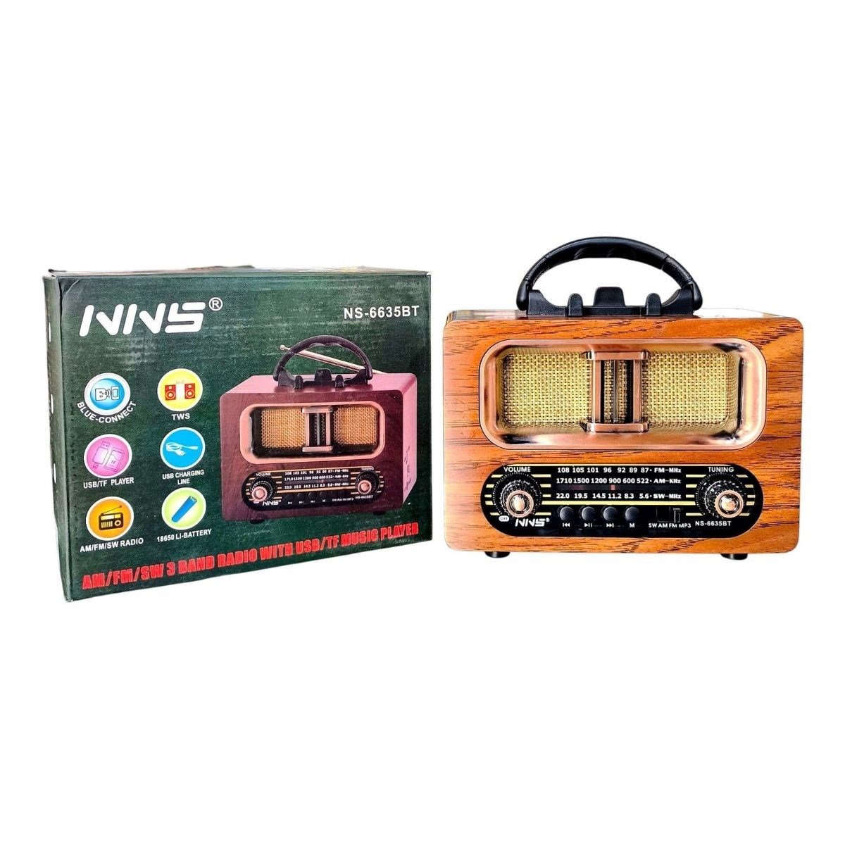 Büyük Boy Retro, Nostaljik, Ahşap Tasarım Bluetooth Hoparlörlü, Şarjlı, Taşınabilir FM/AM Destekli Radyo NS-6635