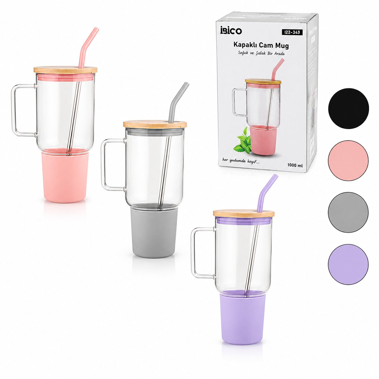 CAM 1000ML MATARA - SULUK BAMBU KAPAK - SIZDIRMAZ SİLİKONLU ÇELİK PİPET KORUYUCU SİLİKON ALTLIK - KILIF