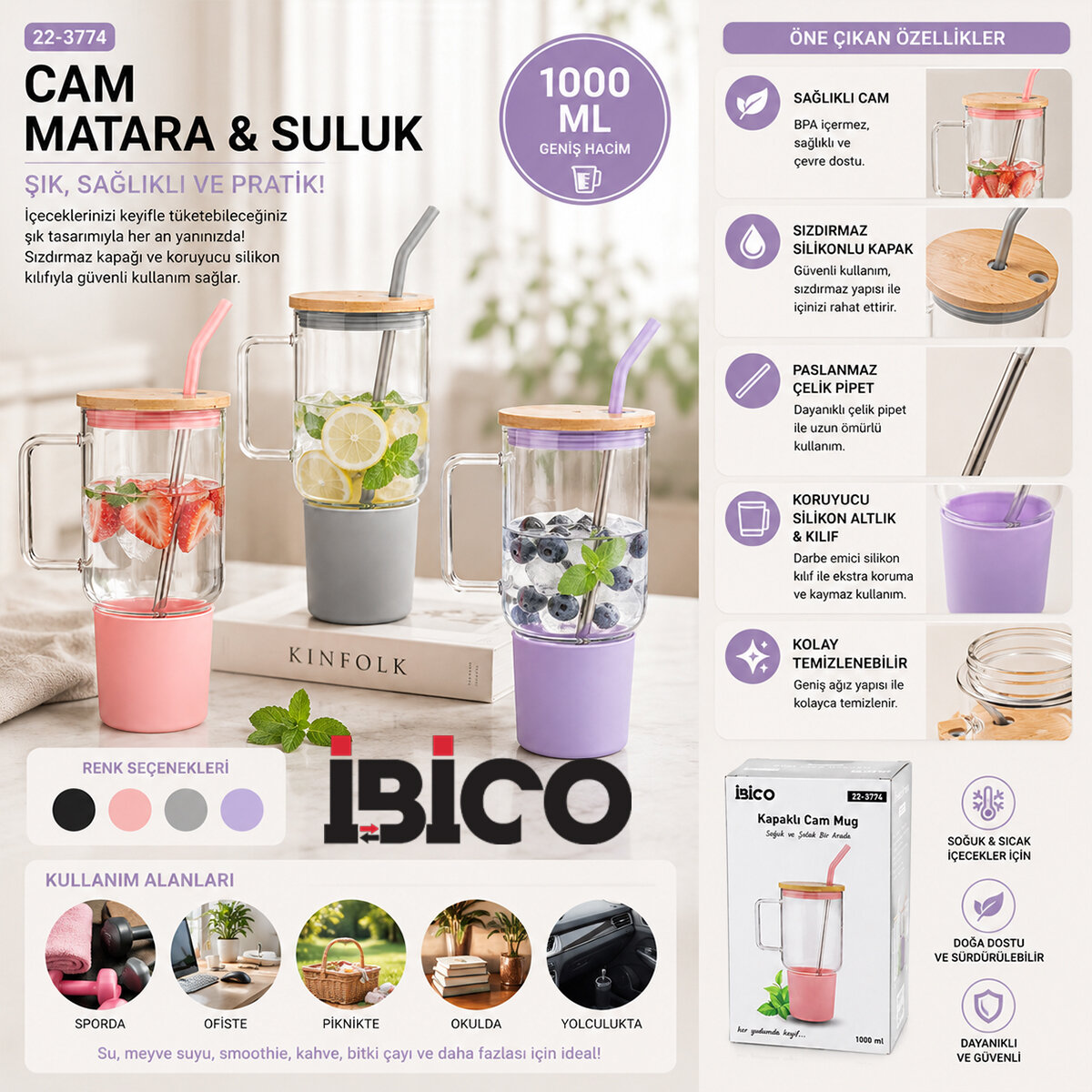 CAM 1000ML MATARA - SULUK BAMBU KAPAK - SIZDIRMAZ SİLİKONLU ÇELİK PİPET KORUYUCU SİLİKON ALTLIK - KILIF
