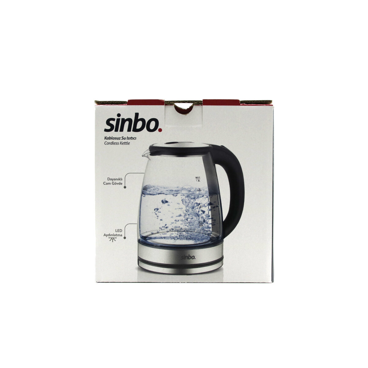 CAM - LEDLİ KETTLE 1.8LT  GİZLİ REZİSTANS - KABLOSUZ 360 DERECE GÖVDE 1500W SK-8033