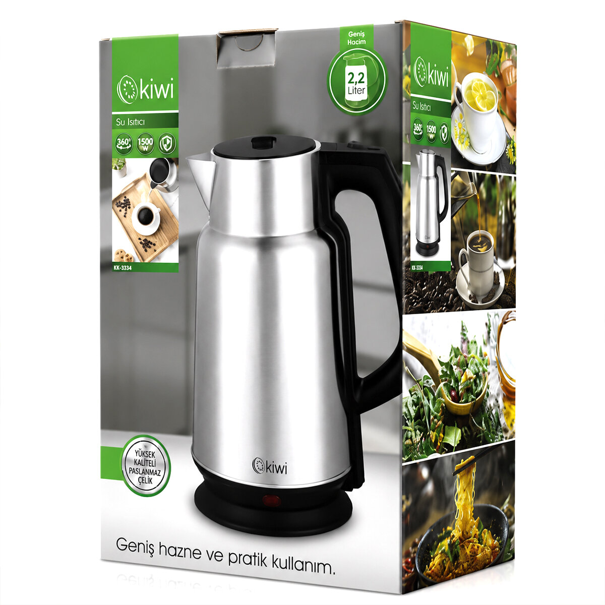 ÇELİK - SÜRAHİ MODEL KETTLE ELEKTRİKLİ SU ISITICISI PASLANMAZ ÇELİK GİZLİ REZİSTANS 360° 2.2LT 1500W KK-3334