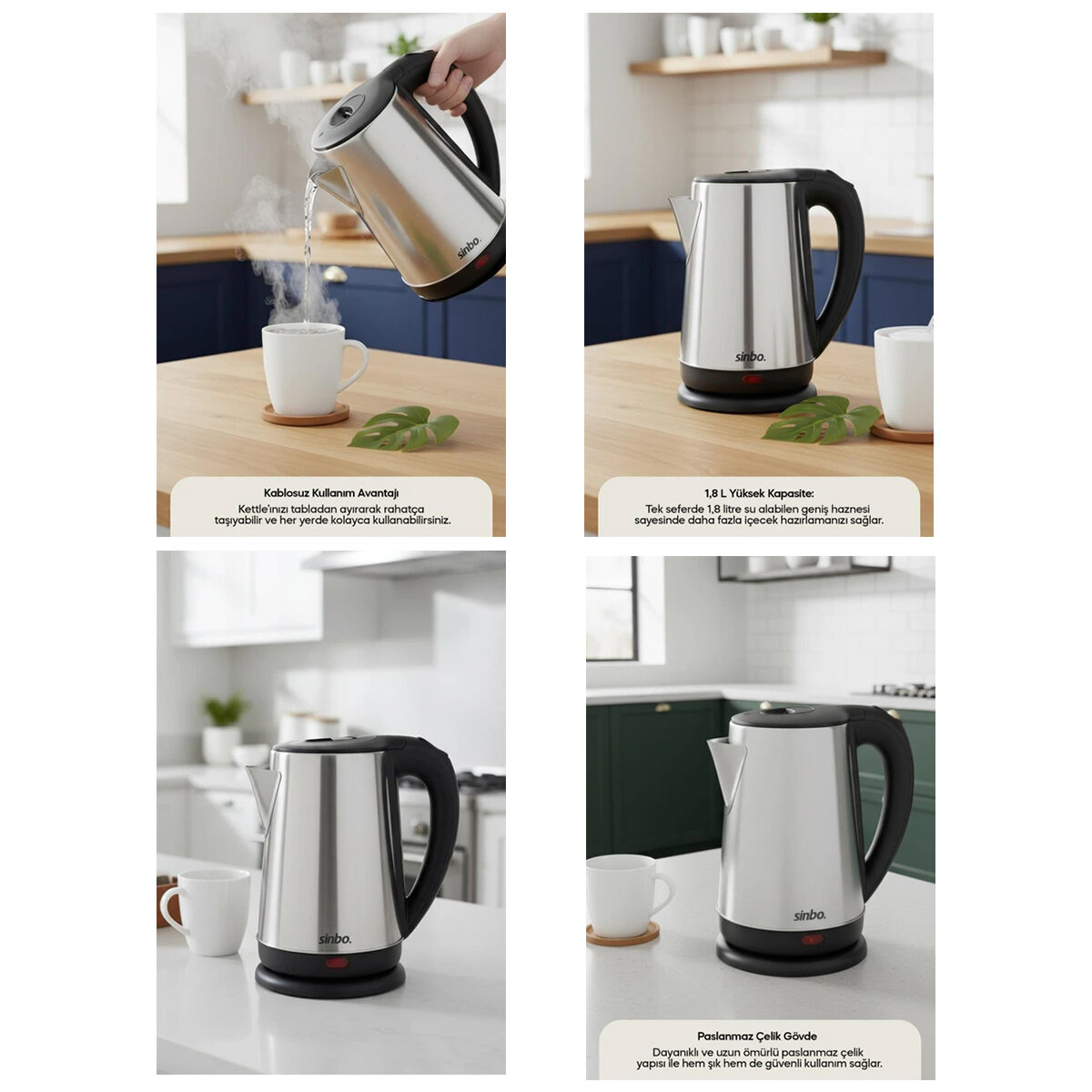 ÇELİK KETTLE SU ISITICISI KABLOSUZ KULLANIM 1.8LT 360 DERECE DÖNEBİLME OTOMATİK KAPANMA SK-8026