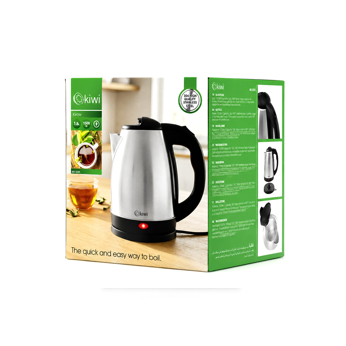 ÇELİK KETTLE ELEKTRİKLİ SU ISITICISI PASLANMAZ ÇELİK GİZLİ REZİSTANS 360° 1.8LT 1500W KK-3331