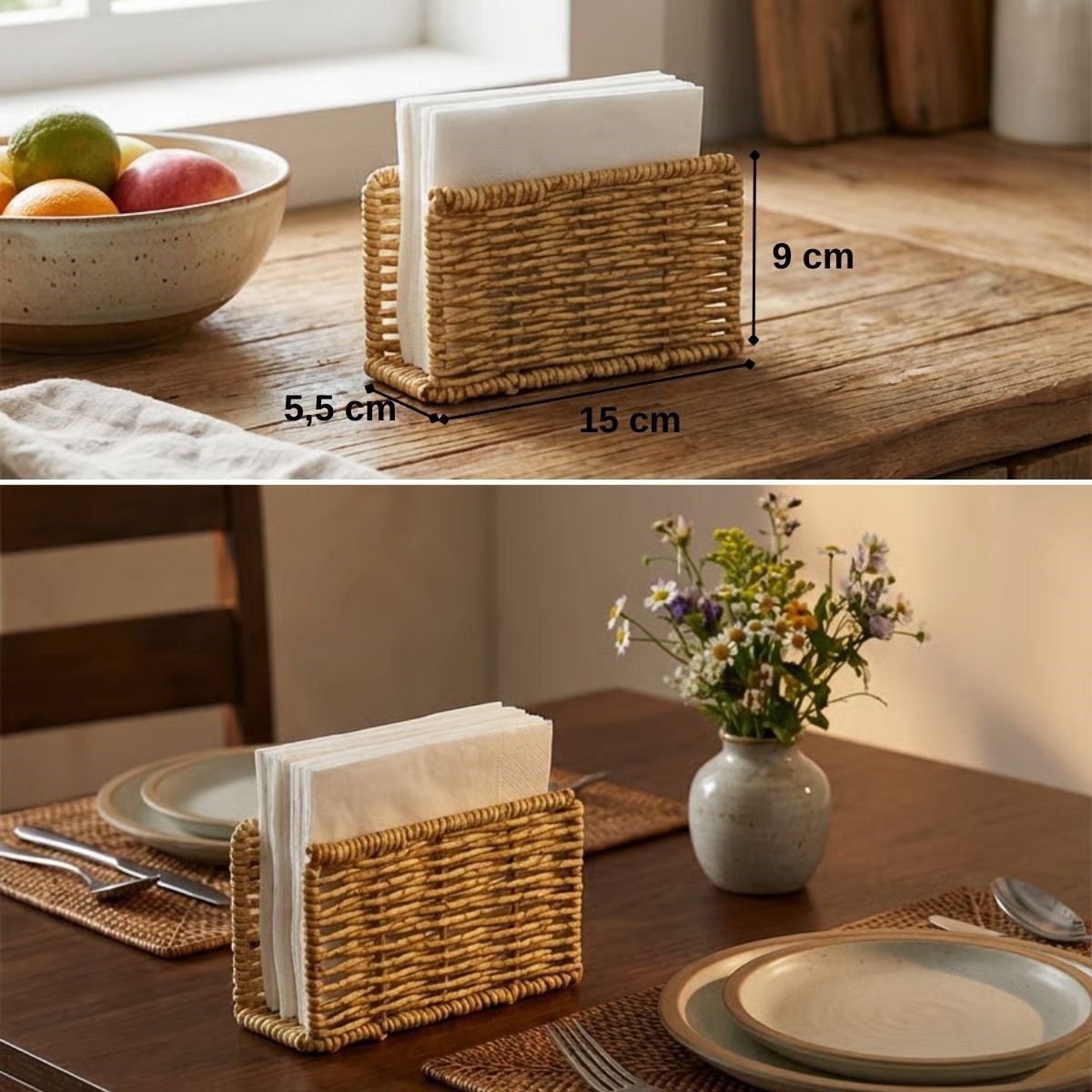 Dekoratif Plastik Rattan Dikdörtgen Peçetelik–Doğal Hasır Dokulu Masaüstü Peçete Standı