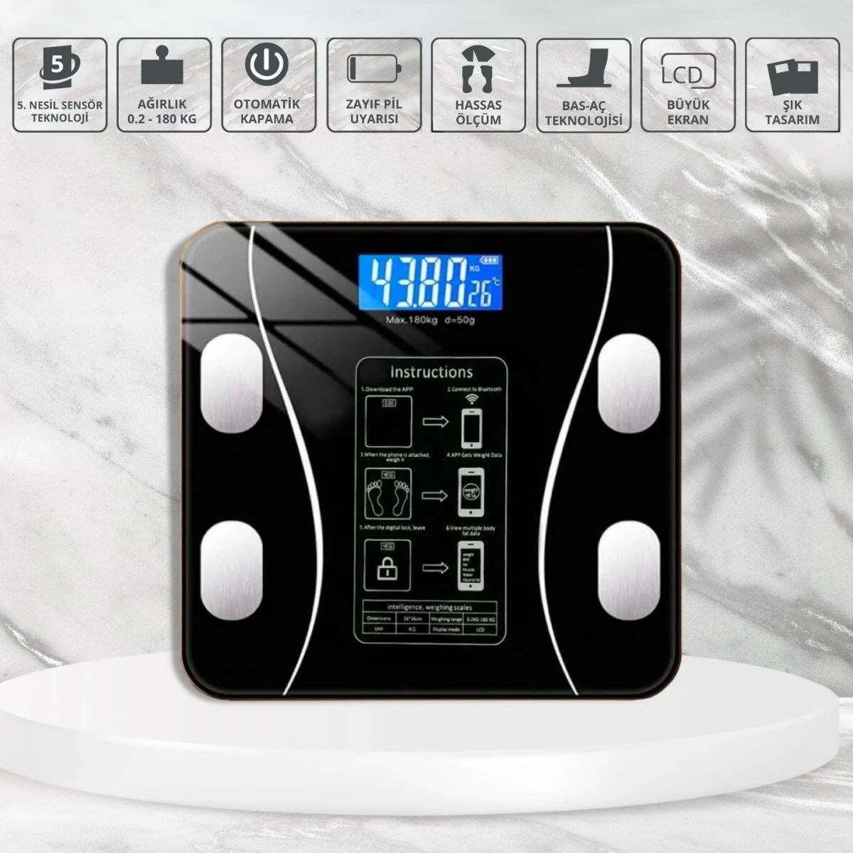 Dijital Baskül Yağ Ölçer Fonksiyonlu Akıllı Baskül Bluetooth Bağlantılı Tartı