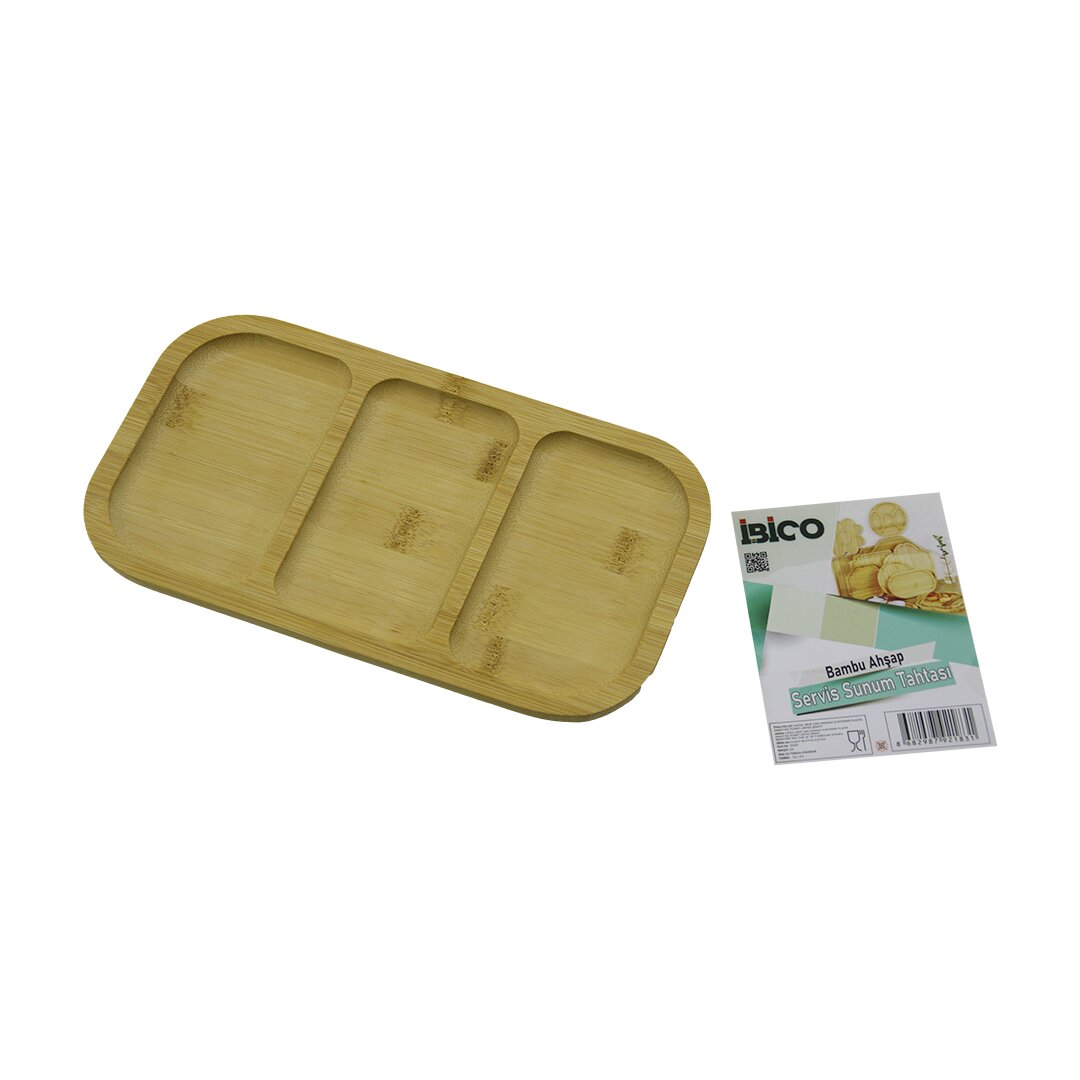 DİKDÖRTGEN 3 BÖLMELİ=2+1 AHŞAP BAMBU SERVİS SUNUM TEPSİ - TAHTASI 25 X 14 X 1.4CM