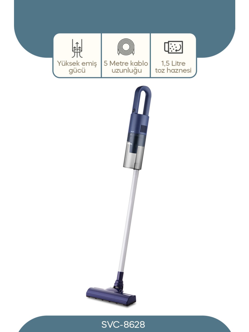 DİKEY MAVİ ELEKTRİKLİ SÜPÜRGE 500W 90° BAŞLIK - 1.5LT TOZ HAZNE - ÇİFT FİLTRE SVC-8628