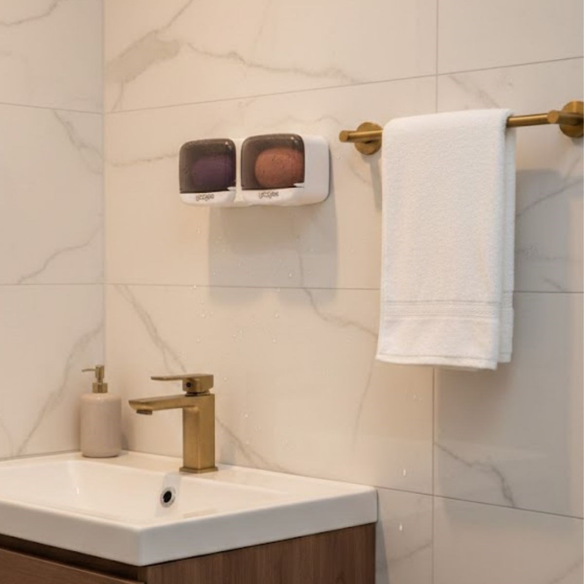 Duvara Monte İkili Kapaklı Plastik Katı Sabunluk Organizer – Banyo &amp; Mutfak İçin Yapışkanlı Sabun Kutusu ve Düzenleyici