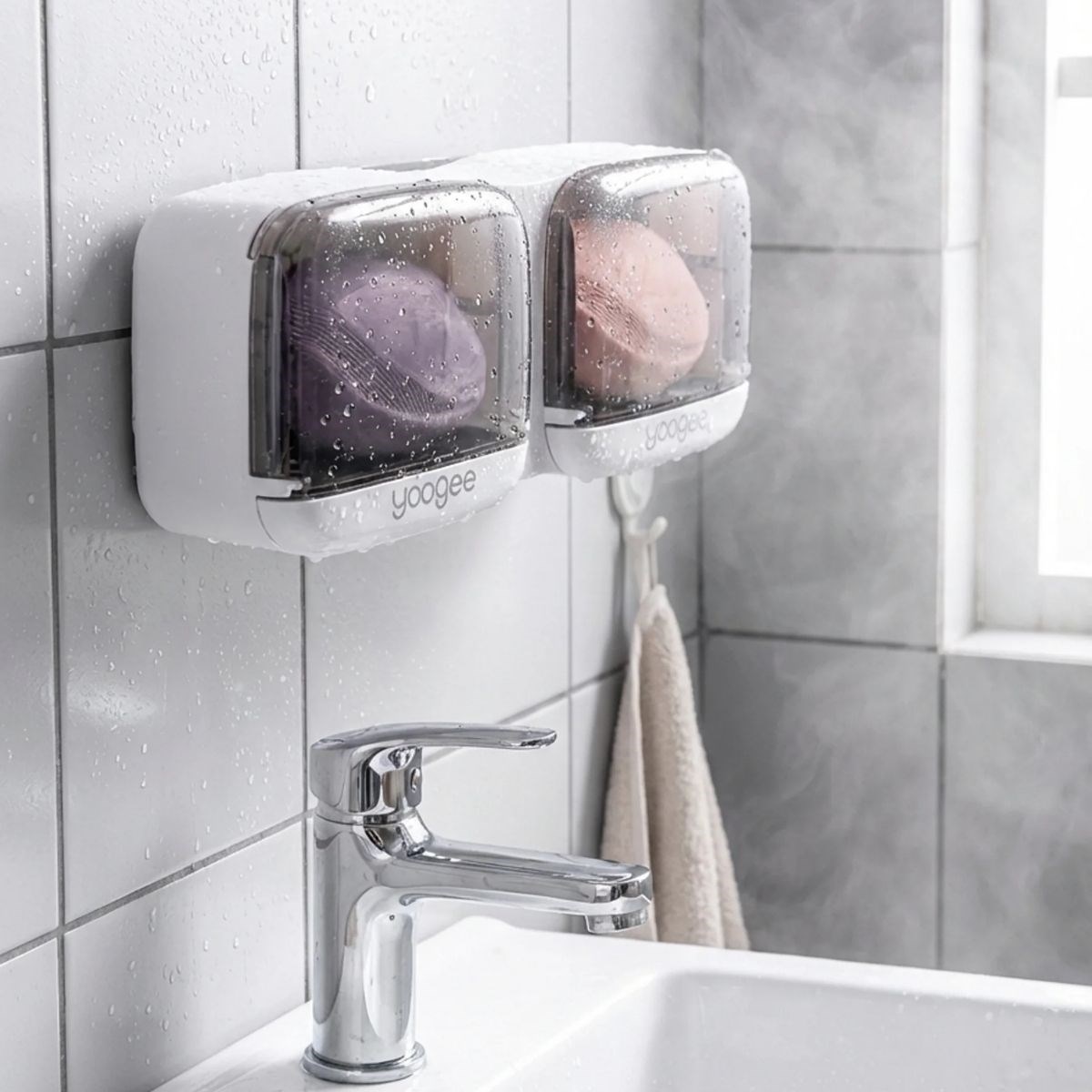 Duvara Monte İkili Kapaklı Plastik Katı Sabunluk Organizer – Banyo &amp; Mutfak İçin Yapışkanlı Sabun Kutusu ve Düzenleyici