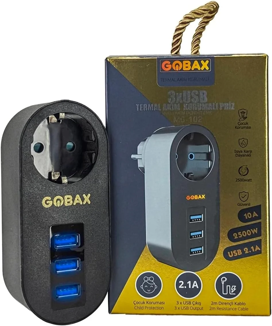 Gobax Termal Akım Korumalı Akıllı Priz 3xusb Li, Çocuk Korumalı, Led Işıklı, Yüksek Isıya Dayanıklı