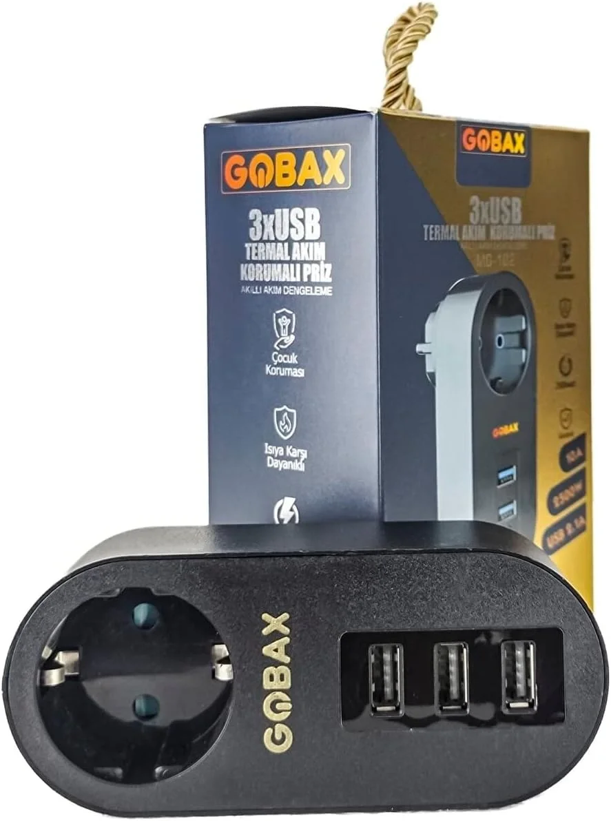 Gobax Termal Akım Korumalı Akıllı Priz 3xusb Li, Çocuk Korumalı, Led Işıklı, Yüksek Isıya Dayanıklı