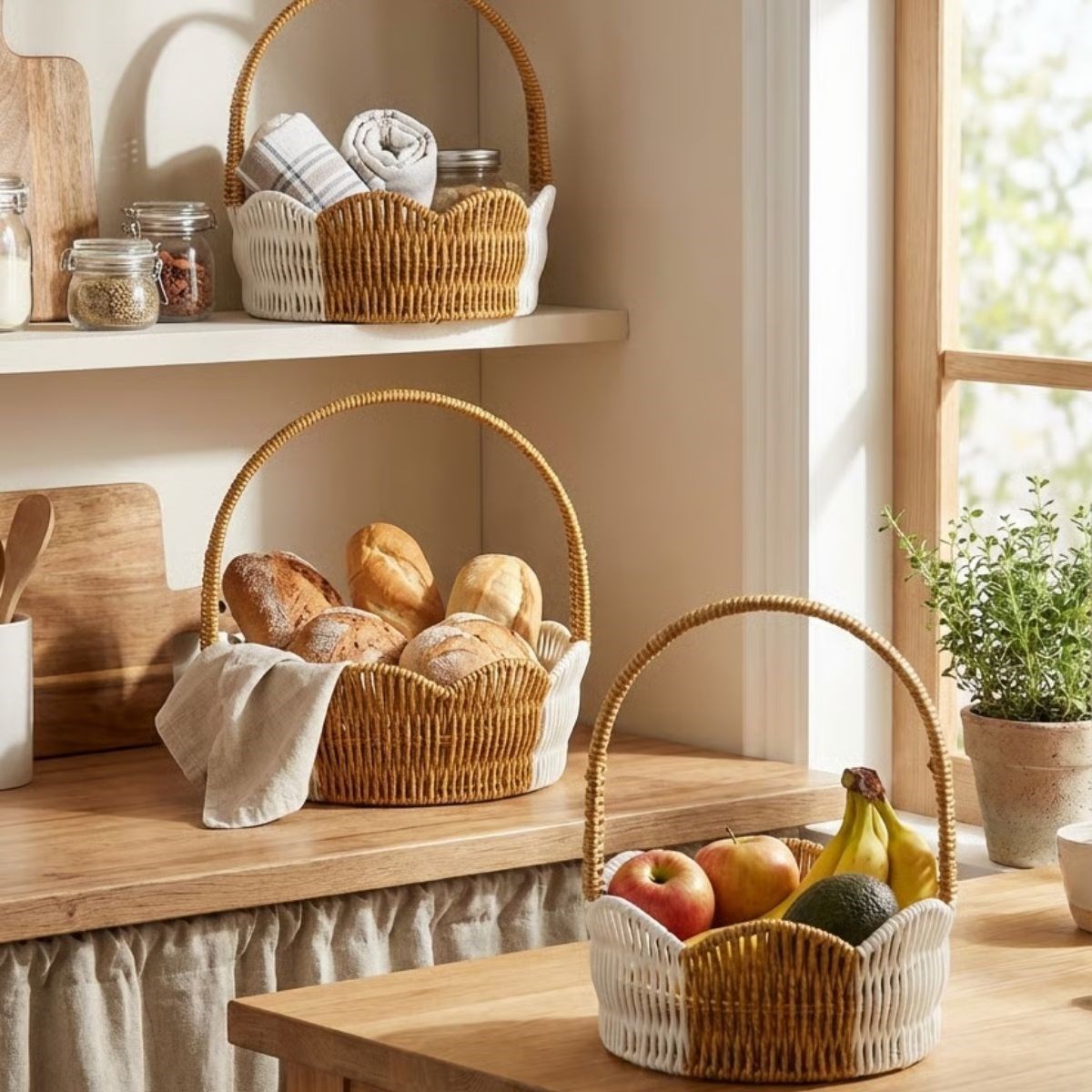 İç İçe Geçebilen 3’lü Çift Renkli Yuvarlak Dalgalı Formlu Saplı Plastik Rattan Sepet Seti – Hasır Görünümlü Çok Amaçlı Organizerler