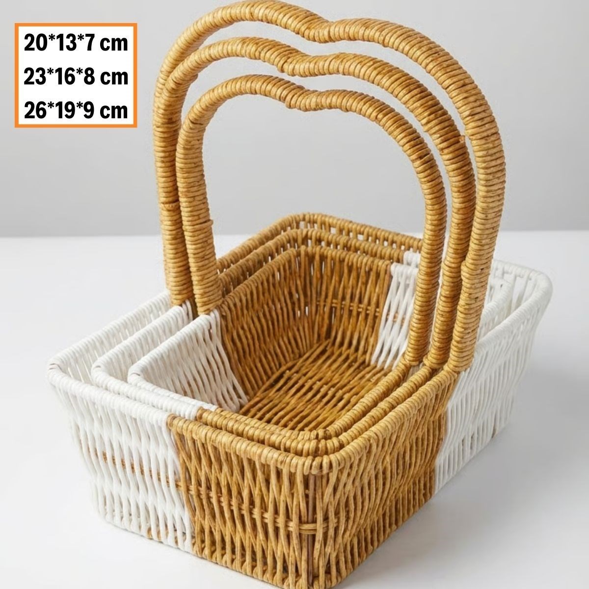 İç İçe Geçebilen 3’lü Çift Renkli Dikdörtgen Formlu Kalp Saplı Plastik Rattan Sepet Seti – Hasır Görünümlü Çok Amaçlı Organizerler