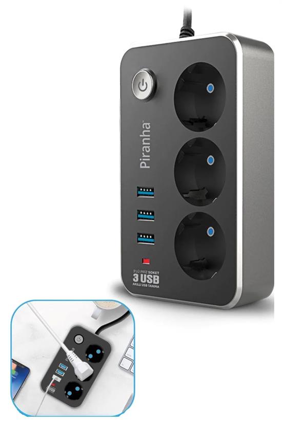 Isıya Dayanıklı Termal Akım Korumalı 2 Mt 10A 2500W 3lü Priz ve 3 Usbi 2.1A Uzatma Kablosu