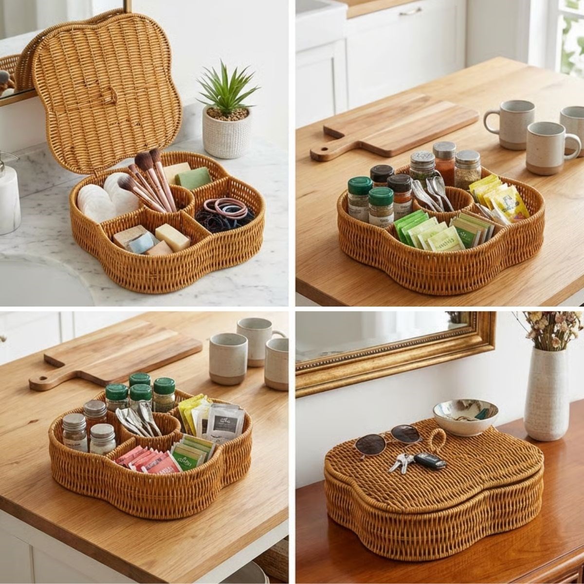 Kapaklı 5 Bölmeli Plastik Rattan Organizer Kutu – Hasır Desenli Çok Amaçlı Saklama ve Sunum Sepeti Çerezlik