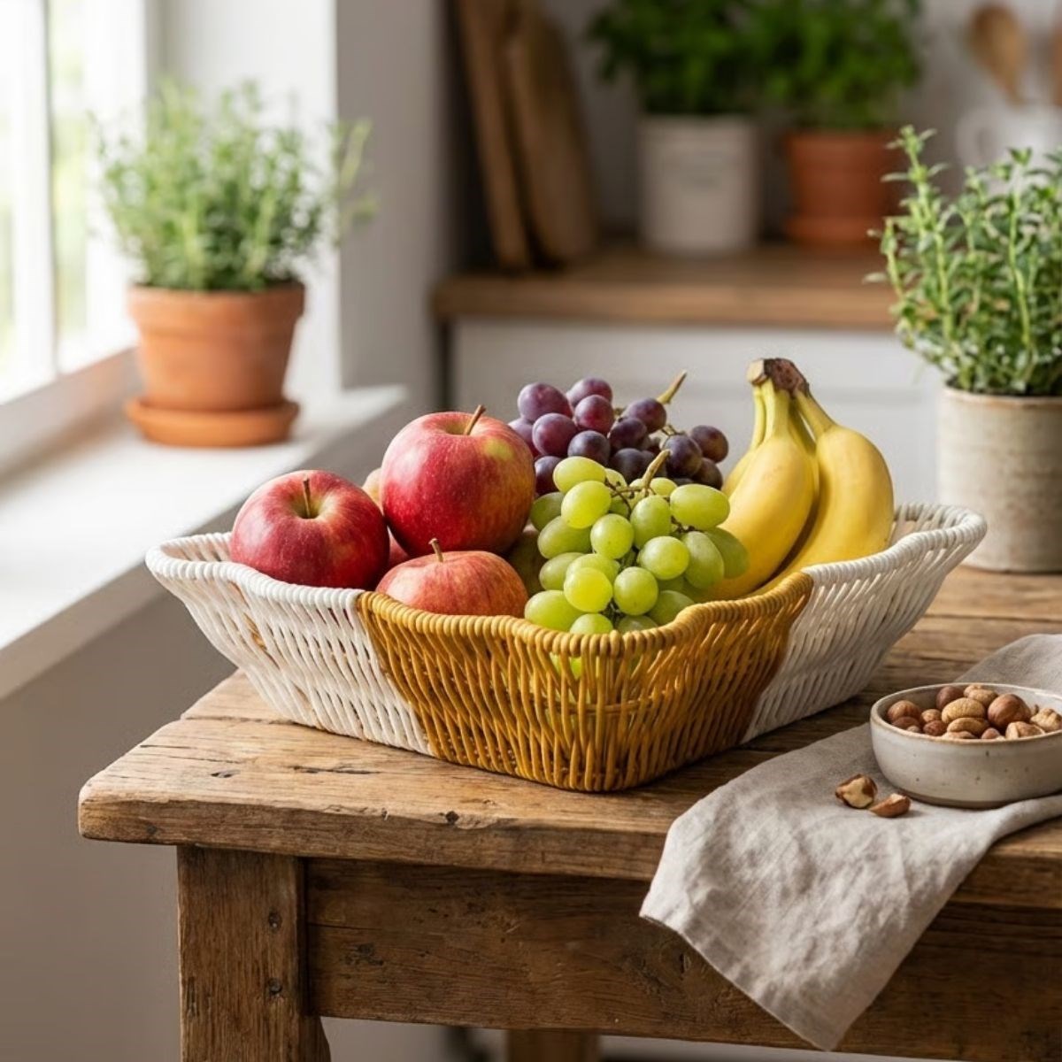 Kare Dalgalı Çift Renkli Plastik Rattan Ekmek ve Meyve Sepeti - Çok Amaçlı Banyo ve Mutfak Düzenleyici - Yıkanabilir Tezgâh Üstü Organizer