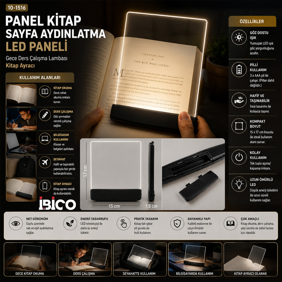 LIGHT PANEL KİTAP SAYFA AYDINLATMA LED PANELİ KİTAP OKUMA PİLLİ 15X17CM İ10-027