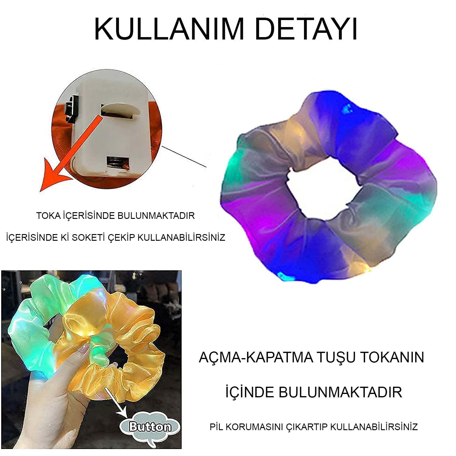 Lila Mor Renk Led Işıklı Lastikli Saç Tokası - 3 Modlu Festival - Parti Saç Tokası