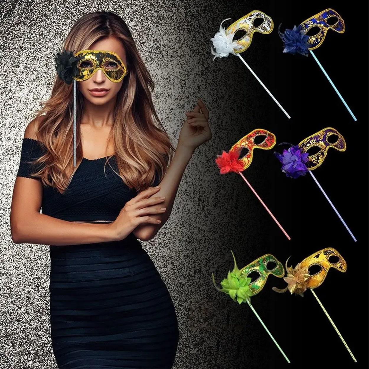 Lüks Taşlı Saplı Maskeli Balo Maskesi Altın Renk 35 cm