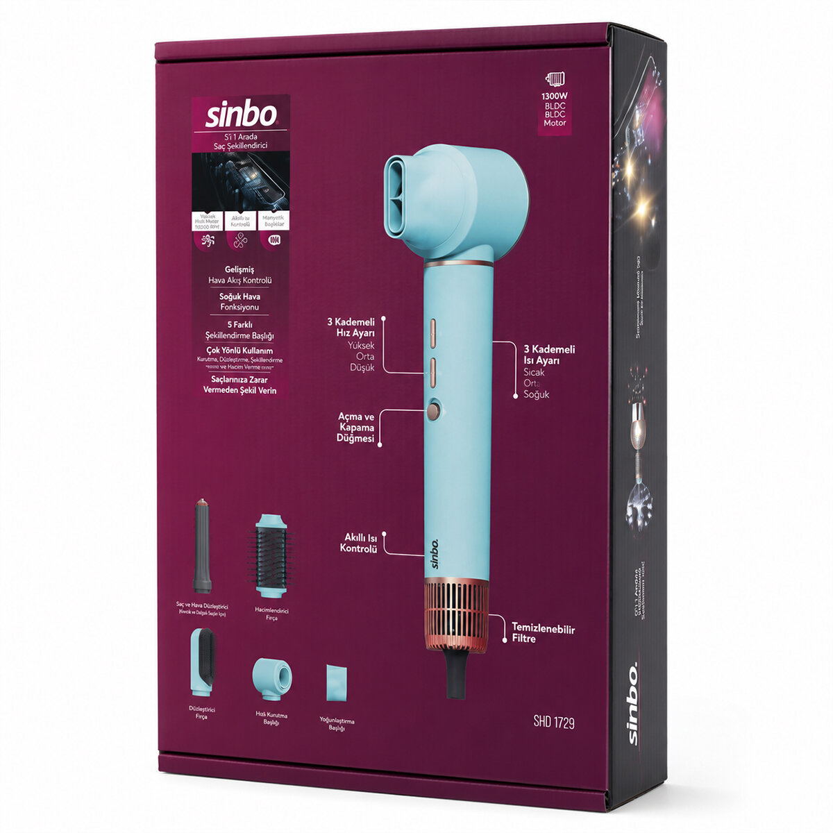 MAVİ AİR BRUSH 5İN1=BUKLE-HACİMLE-DÜZLEŞTİR-2-FIRÇA SAÇ KURUTMA - ŞEKİL MAKİNESİ 1300W 3-KDM.HIZ SICAKLIK SHD-1729
