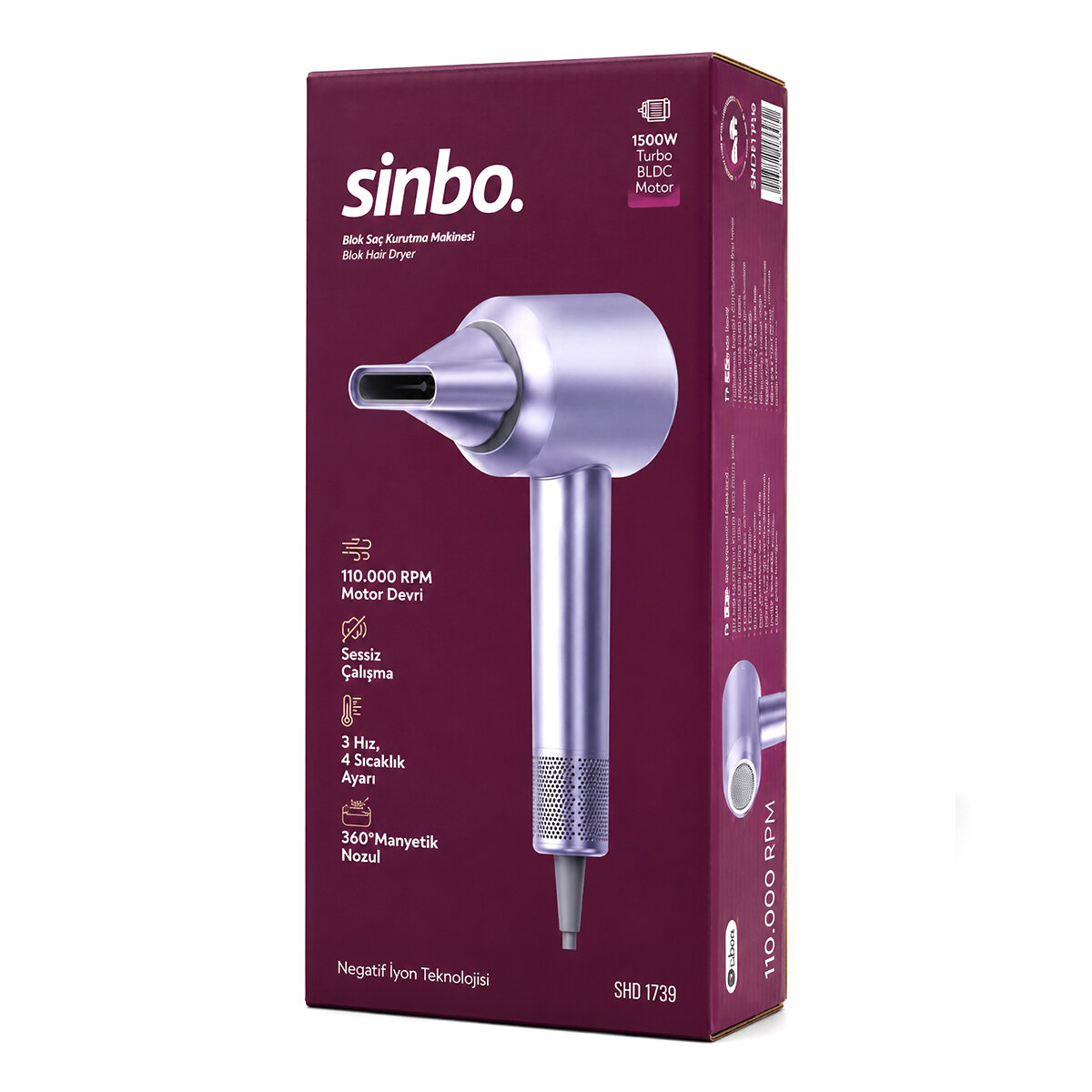 MAVİ BLDC TURBO MOTOR SAÇ KURUTMA - ŞEKİL MAKİNESİ 1500W 3-KDM.HIZ 4-KDM.ISIAYAR=SICAK-ILIK-HAFİF-SOĞUK SHD-1739