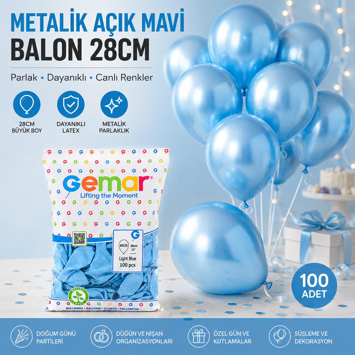 METALİK - AÇIK MAVİ BALON 11 INC - 28CM - 100PCS