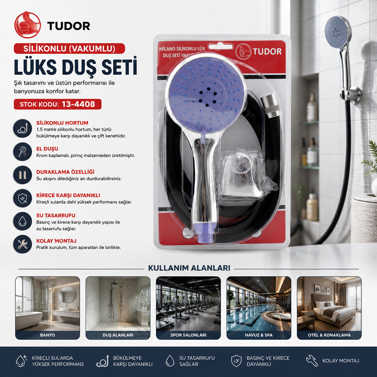 MİLANO VAKUMLU - SİLİKON LÜKS DUŞ SETİ DUŞ BAŞLIK=MİX SİLİKON HORTUM=1.5MT MAFSAL=3 KADEME