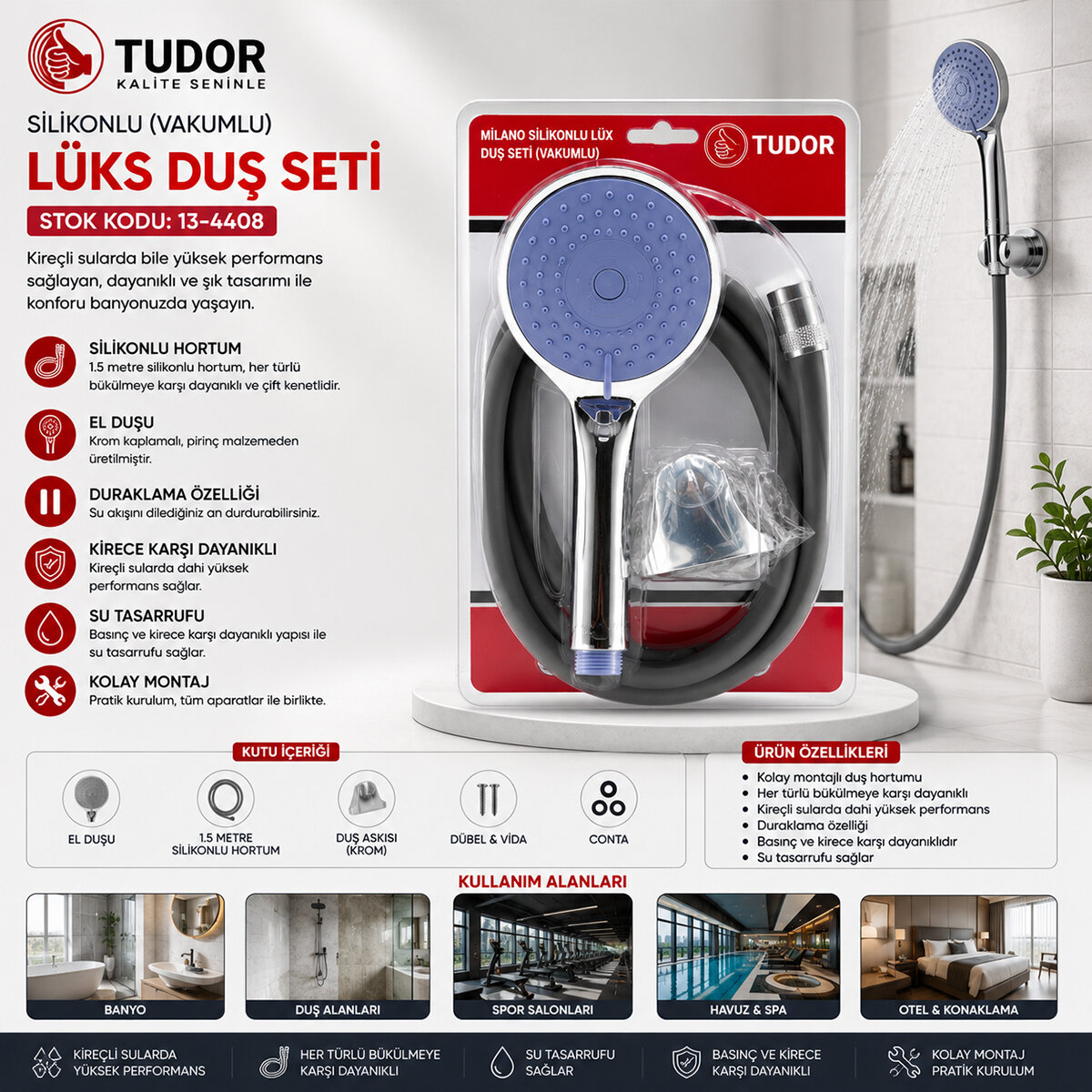 MİLANO VAKUMLU - SİLİKON LÜKS DUŞ SETİ DUŞ BAŞLIK=MİX SİLİKON HORTUM=1.5MT MAFSAL=3 KADEME