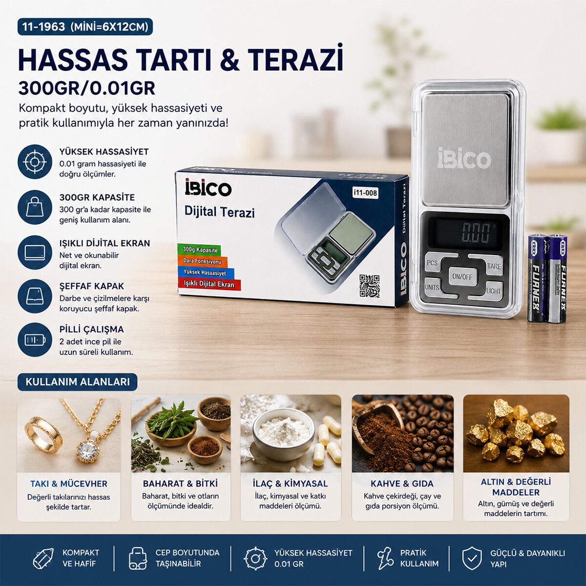 MİNİ=6X12CM HASSAS TARTI - TERAZİ 300GR/0.01GR ŞEFFAF PLS.KAPAKLI - PİLLİ= 2PCS İNCE