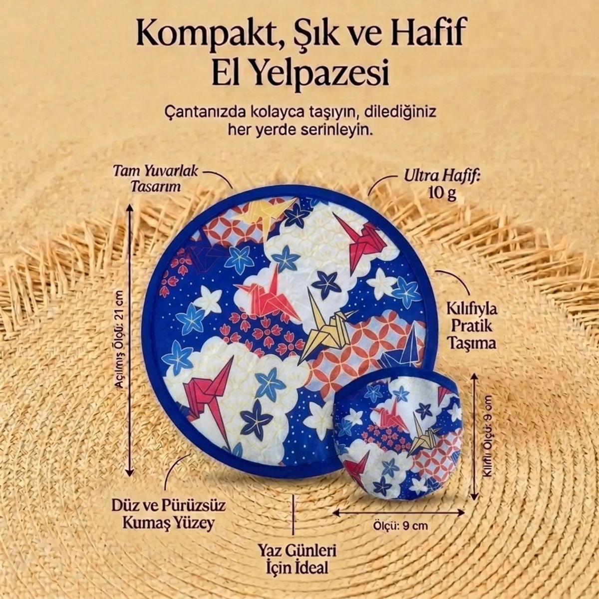 Origami Turna Kuşu Desenli Katlanabilir Cep Yelpazesi - Japon Stili Kılıflı El Yelpazesi