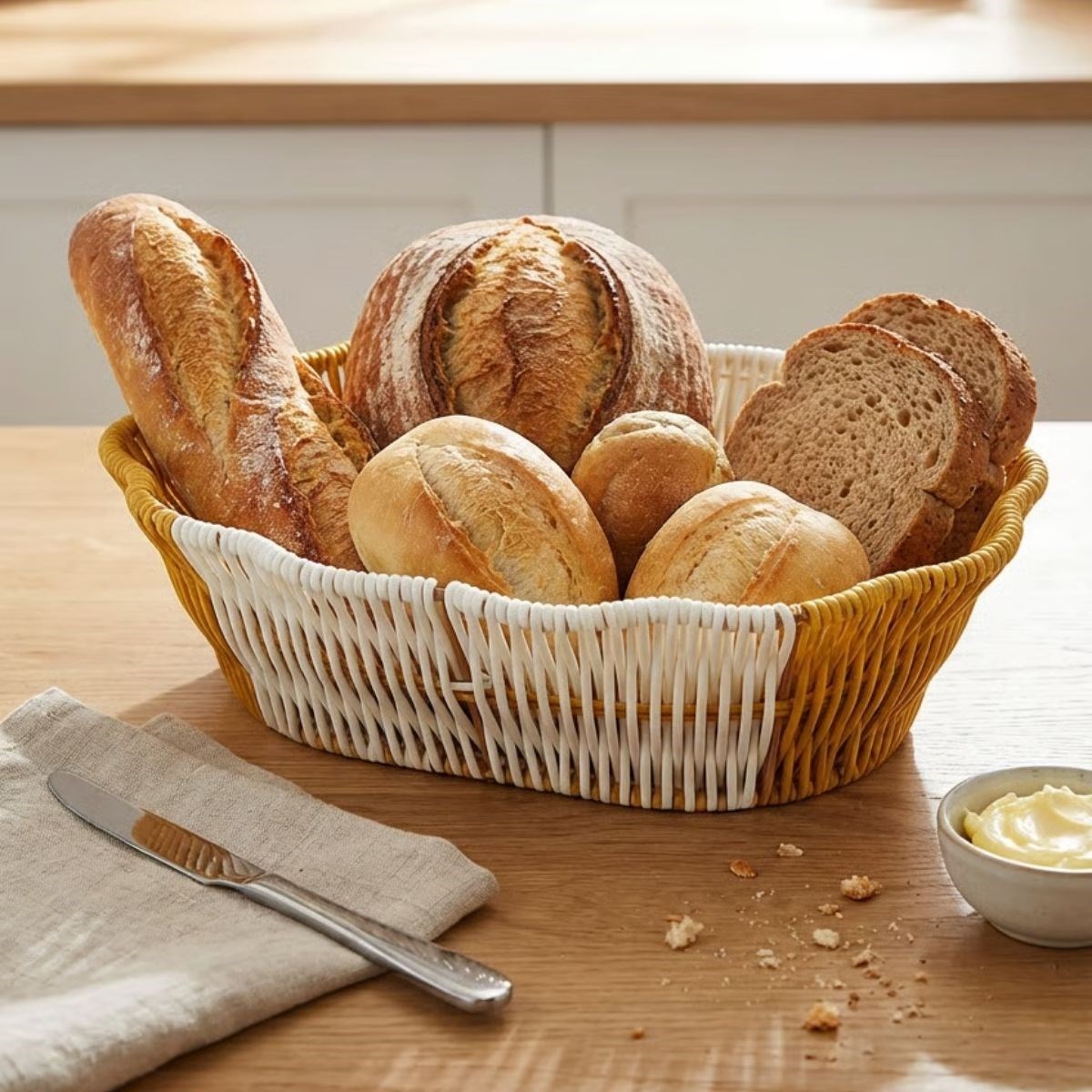 Oval Çift Renkli Plastik Rattan Ekmek ve Meyve Sepeti - Çok Amaçlı Banyo ve Mutfak Düzenleyici - Yıkanabilir Dekoratif Tezgâh Üstü Organiz