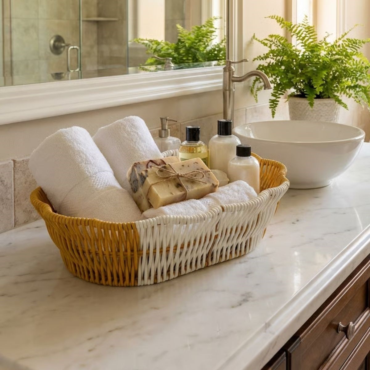 Oval Çift Renkli Plastik Rattan Ekmek ve Meyve Sepeti - Çok Amaçlı Banyo ve Mutfak Düzenleyici - Yıkanabilir Dekoratif Tezgâh Üstü Organiz