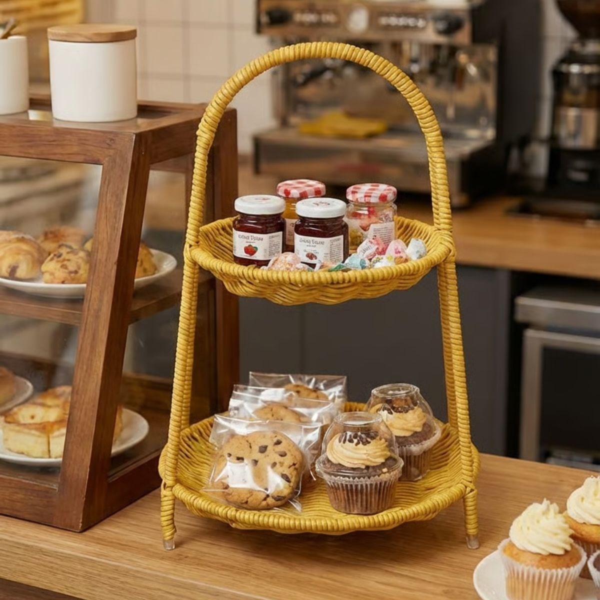 Plastik Rattan İki Katlı Sunumluk–Dekoratif Organizer, Mutfak Meyve,Sebze Sepeti, Banyo Düzenleyici Raf,Masaüstü Çok Amaçlı Sunum Standı