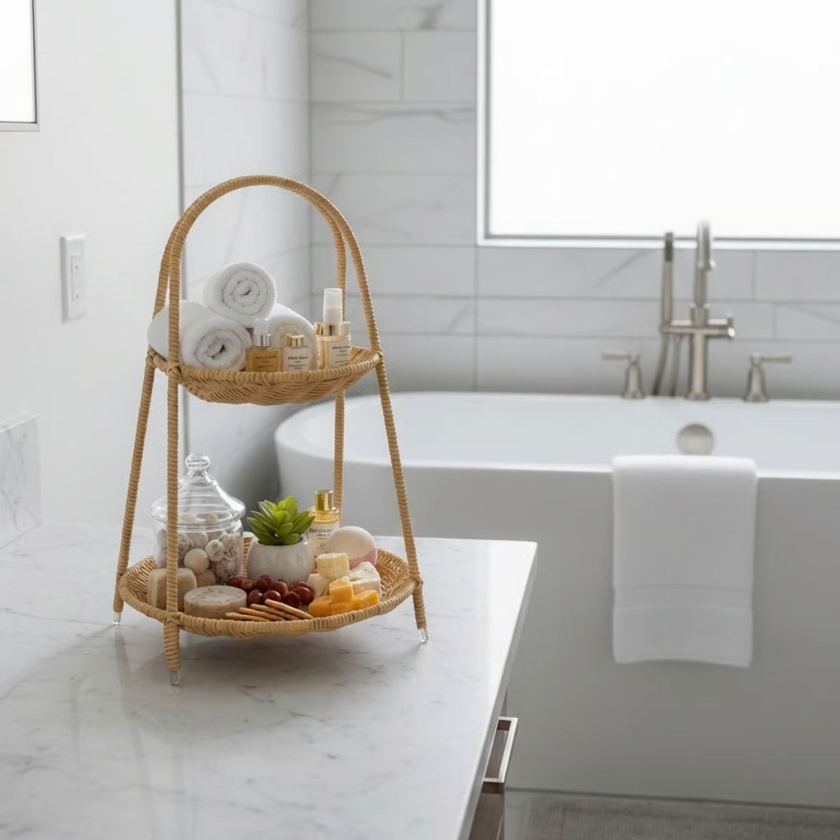 Plastik Rattan İki Katlı Sunumluk–Dekoratif Organizer, Mutfak Meyve,Sebze Sepeti, Banyo Düzenleyici Raf,Masaüstü Çok Amaçlı Sunum Standı