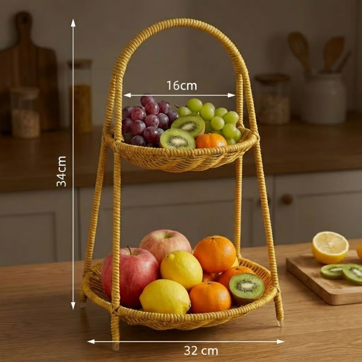 Plastik Rattan İki Katlı Sunumluk–Dekoratif Organizer, Mutfak Meyve,Sebze Sepeti, Banyo Düzenleyici Raf,Masaüstü Çok Amaçlı Sunum Standı