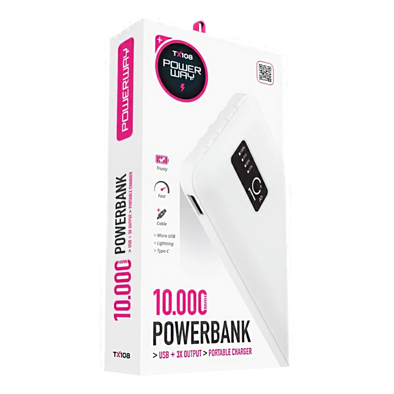 POWERWAY TX108 10000 MAH SİYAH GÖSTERGELİ EKSTRA KABLOLU 4 ÇIKIŞLI POWERBANK