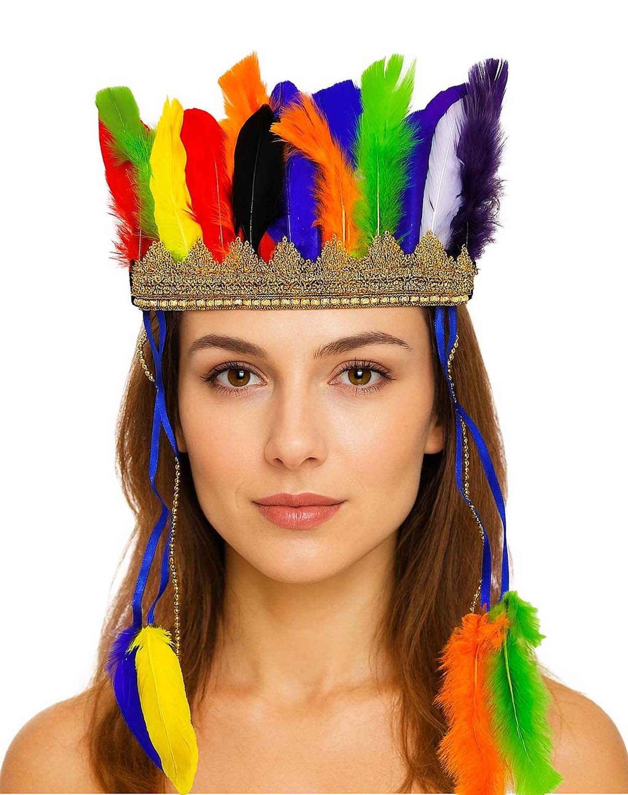 Rengarenk Tüylerle İşlenmiş Lastikli Kızılderili Başlığı