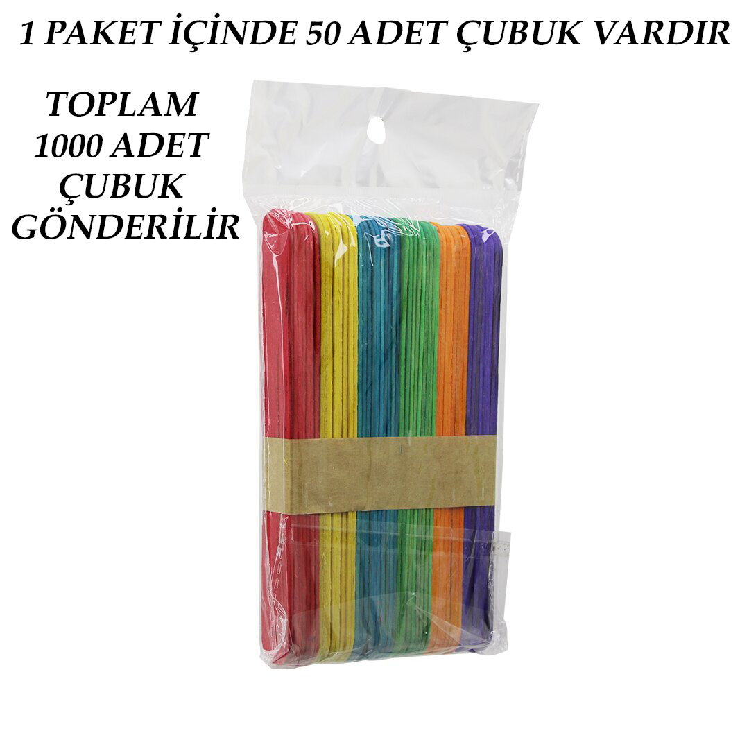 RENKLİ - 1000 ADET AHŞAP ELİŞİ - DİL ÇUBUK 15CM X 1.8CM