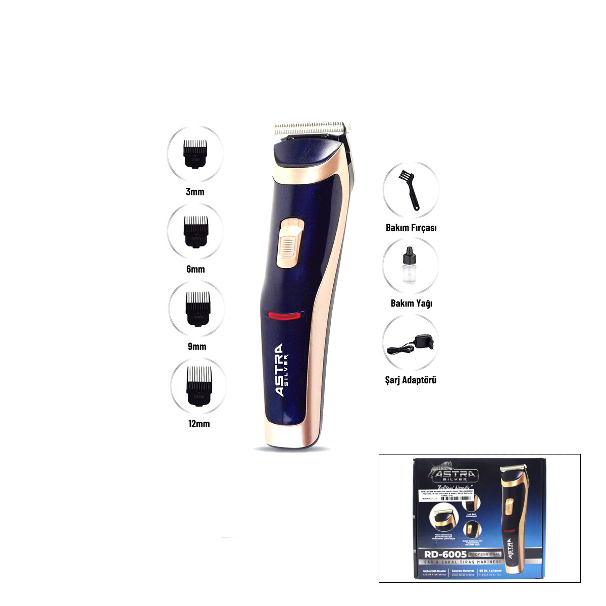 SAÇ SAKAL KESME TRAŞ MAKİNESİ FİŞ ŞARJLI - LED GÖSTERGE - RENKLİ KROM KAPLAMA GÖVDE  RD-6005