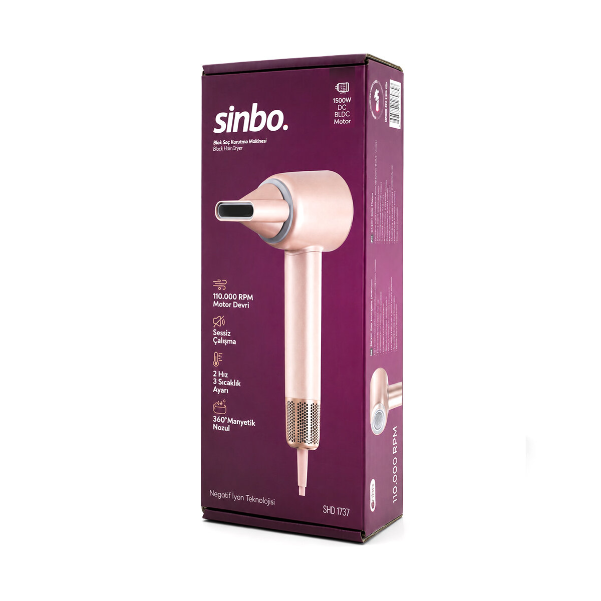 ŞAMPANYA BLDC TURBO MOTOR SAÇ KURUTMA - ŞEKİL MAKİNESİ 1500W 3-KDM.HIZ 4-KDM.ISIAYAR=SICAK-ILIK-HAFİF-SOĞUK SHD-1739