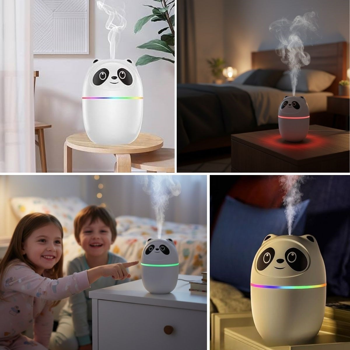 Sevimli Panda Figürlü Hava Nemlendirici – Ultrasonik Soğuk Buhar Makinesi, LED Işıklı Masaüstü Oda Nemlendirici