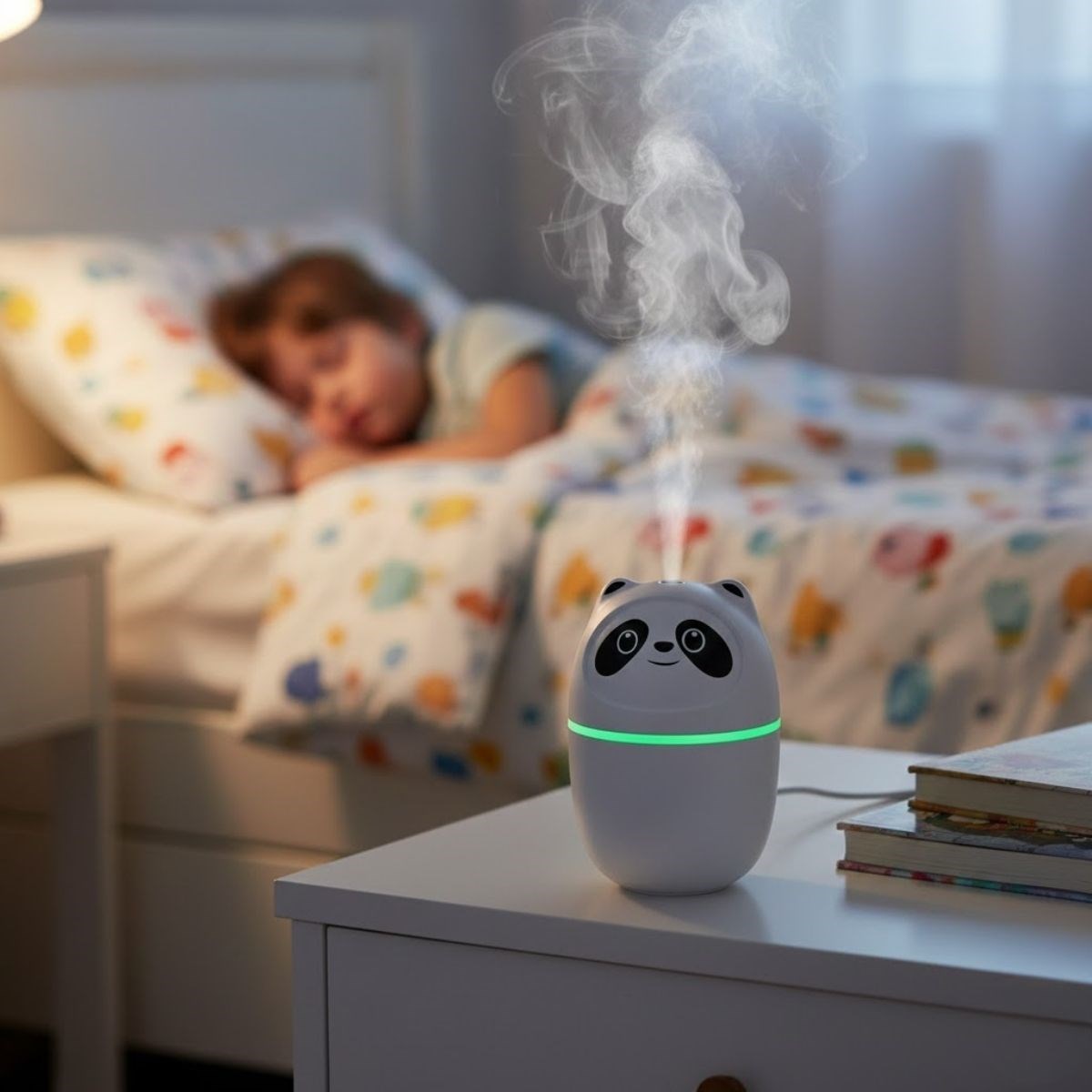 Sevimli Panda Figürlü Hava Nemlendirici – Ultrasonik Soğuk Buhar Makinesi, LED Işıklı Masaüstü Oda Nemlendirici