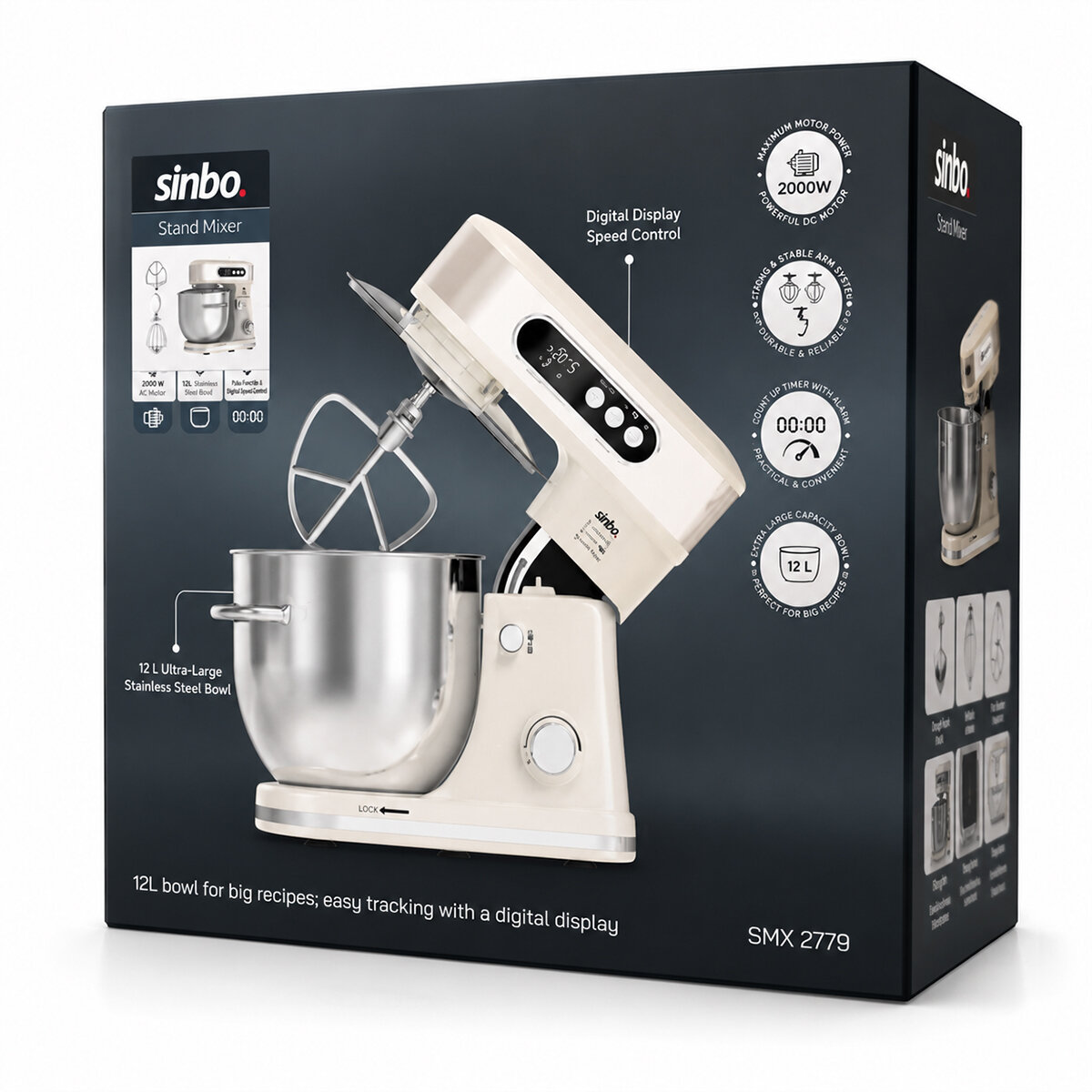 STANDLI MİKSER - BLENDER SETİ HAMUR YOĞURUCU - ÇIRPICI - KARIŞTIRICI 8KADEM. HIZ AYAR 12LT HAZNE 2000W SMX-2779