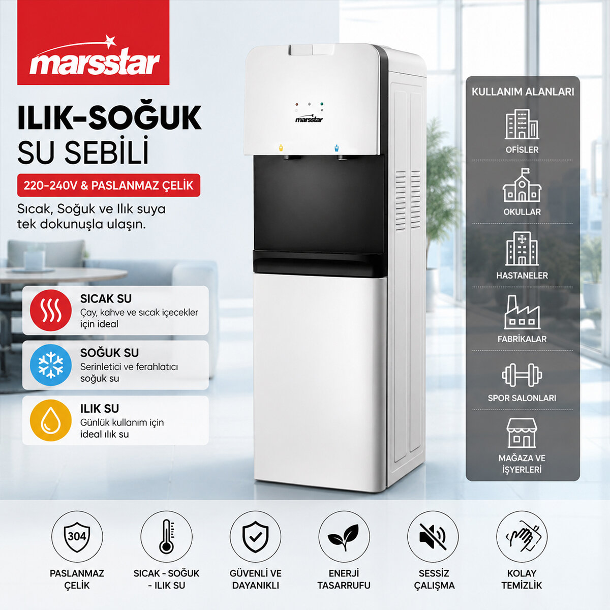 SU SEBİLİ SICAK - SOĞUK - ILIK 220-240V - PASLANMAZ ÇELİK MSWD-100