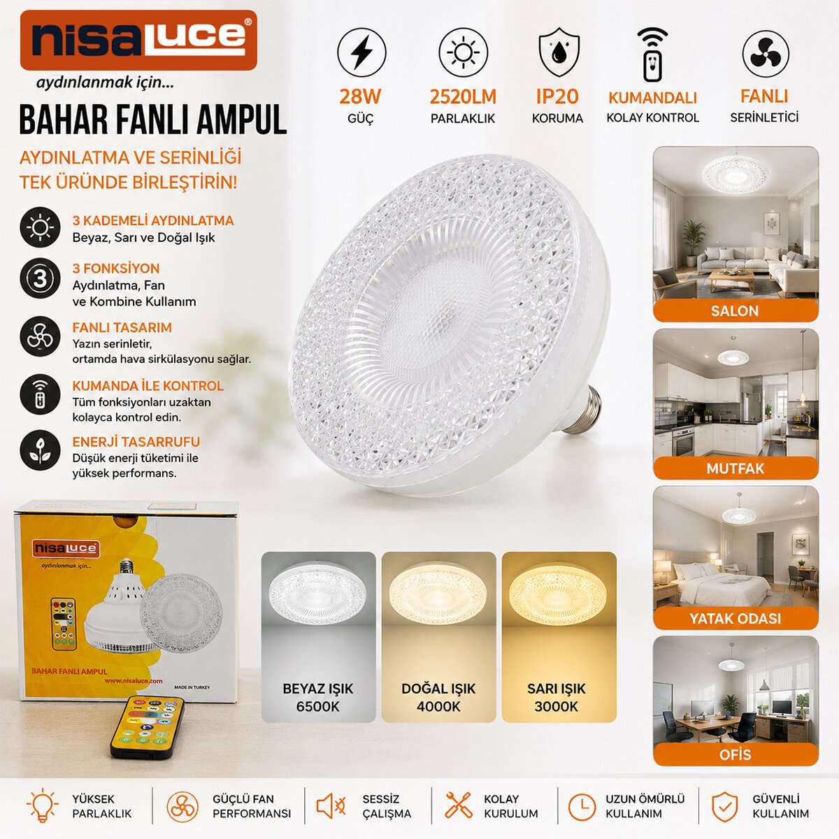 TAVAN 28W - IP20 - 2520LM KUMANDALI - 3 KADEMELİ - 3 FONKSİYON 38X15CM BAHAR FANLI VANTİLATÖR AMPUL BEYAZ-SARI-DOĞAL IŞIK E-112