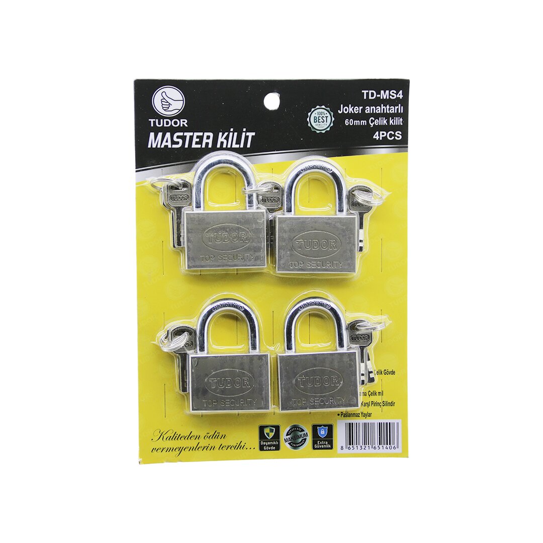 TUDOR TD-MS4 MASTER 4PCS JOKER ANAHTARLI=TEK ANAHTARLA 4 KİLİT AÇ  60MM - GRİ KISA KANCALI ÇELİK ASMA KİLİT