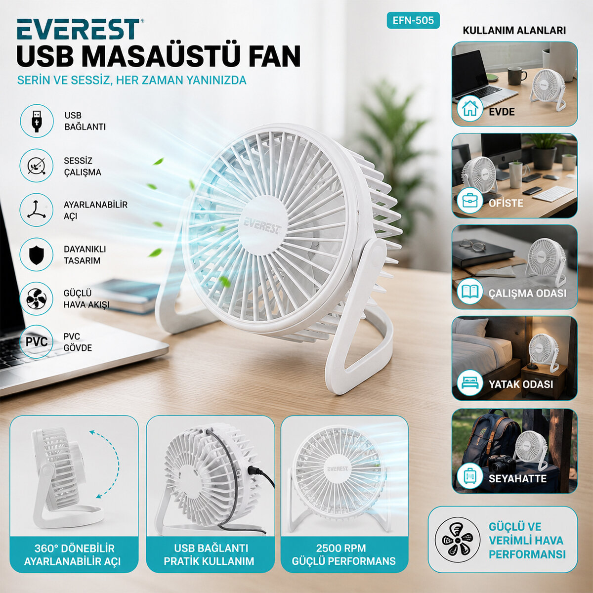 USB ŞARJLI - PVC GÖVDE 14.5X14.1CM MASA ÜSTÜ FAN - VANTİLATÖR EFN-505