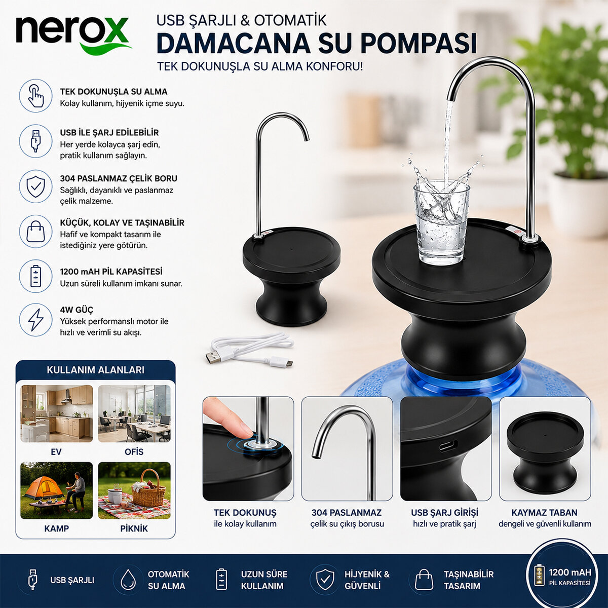 USB ŞARJLI - OTOMATİK DAMACANA SU POMPASI - STAND 360° BAŞLIK NRX-4337